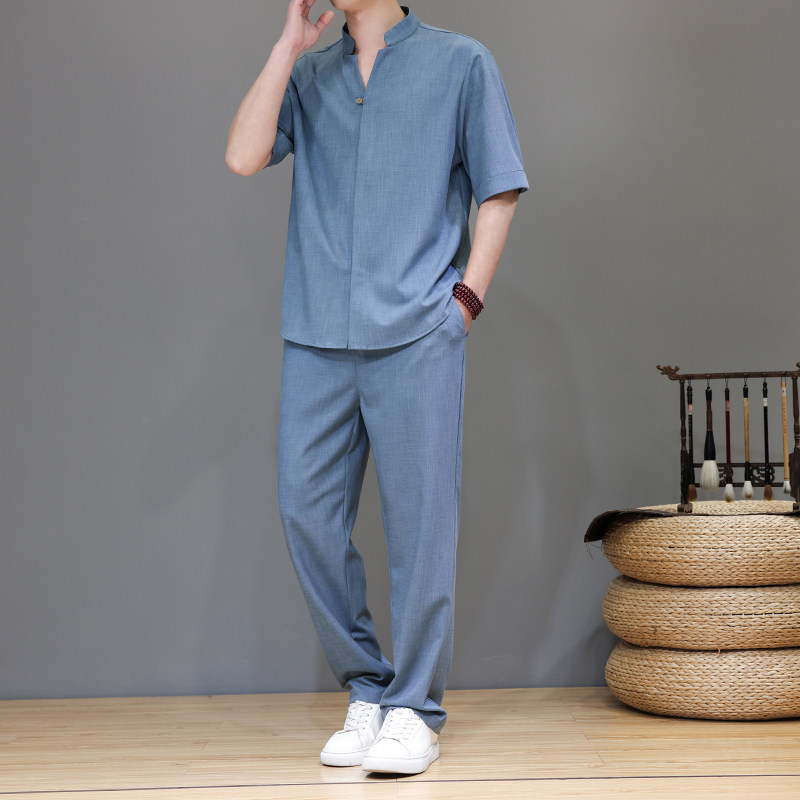 夏季风唐装高端轻奢天丝亚麻短袖套装男A118-TZ2503P165控228,男装休闲套装,电商A118