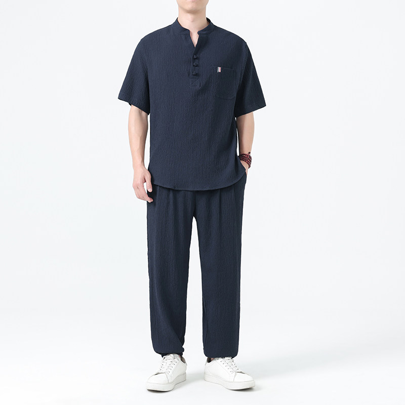 夏季风新中式唐装中山装大码冰丝短袖男A118-TZ2507P115控198，男装休闲套装，电商A118