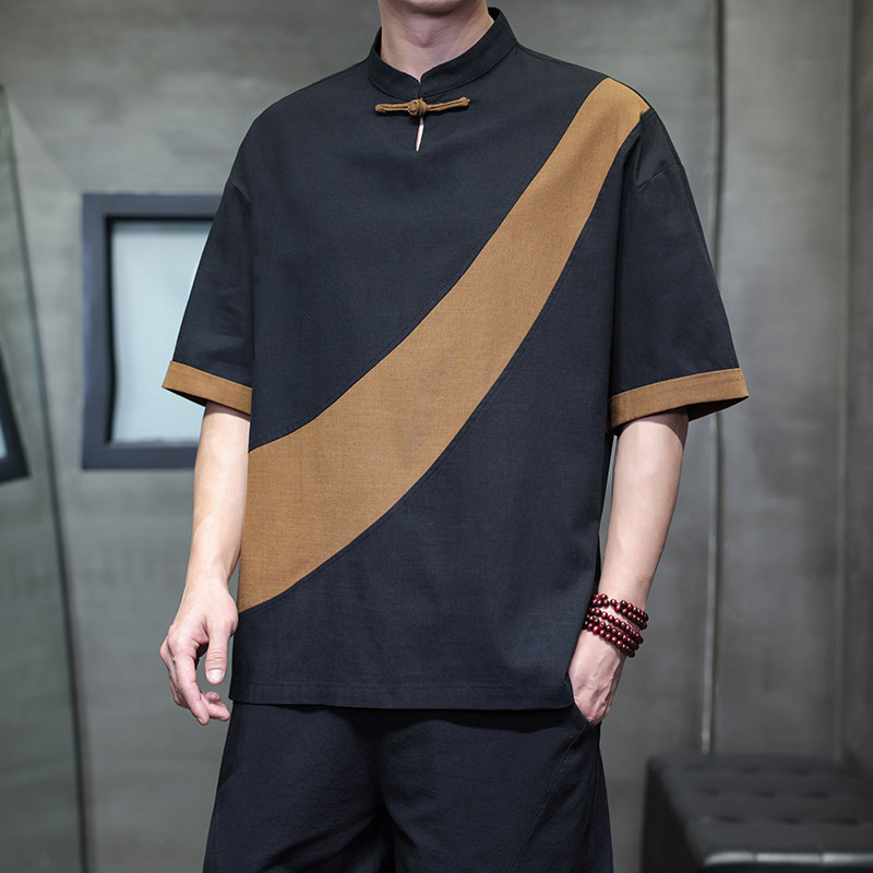 夏季风男装棉麻拼接复古唐装汉服大码短袖A118-T006P65控99,男装T恤,电商A118