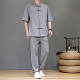 夏季风天丝亚麻唐装短袖茶服大码套装A118-TZ2502P165控228，男装休闲套装，电商A118