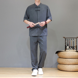 2025夏季风新款唐装天丝亚麻大码短袖男A118-TZ2502P165控228，男装休闲套装，电商A118