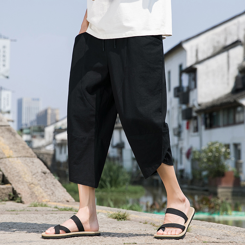 夏季风休闲裤棉麻七分裤青年新中式复古阔腿裤男A118-K88P30，男装牛仔裤，电商A118