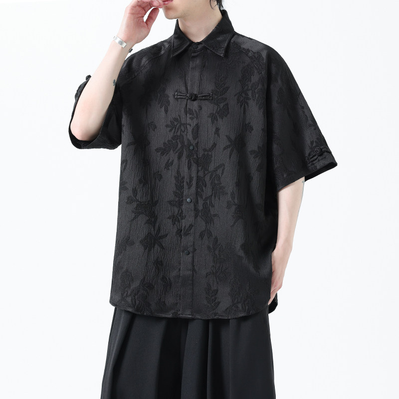 夏季风男装冰丝短袖新中式唐装提花汉服衬衫A118-C28P65控88,男装T恤,电商A118