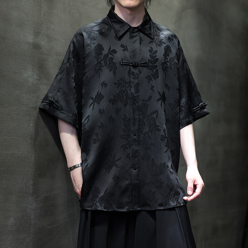 夏季风男装冰丝短袖衬衫新中式提花唐装汉服A118-C28P65控88，男装衬衫，电商A118