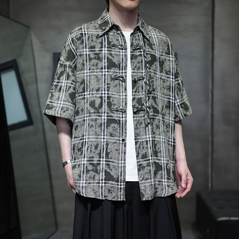 夏季风棉麻短袖衬衫中式大码复古格子衬衣男A118-C15P65控98图片