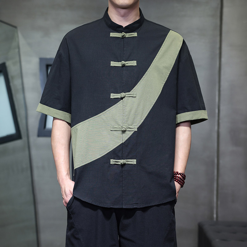 夏季风短袖棉麻亚麻唐装汉服大码拼接衬衫男118-C032P70控99,男装衬衫,电商A118