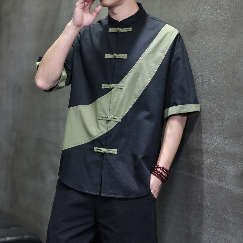 夏季风短袖棉麻亚麻唐装汉服大码拼接衬衫男118-C032P70控99,男装衬衫,电商A118