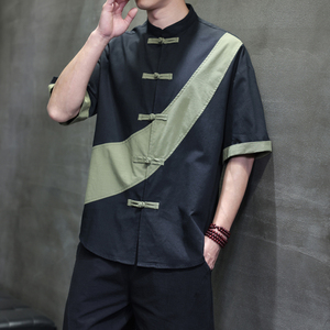 夏季风短袖棉麻亚麻唐装汉服大码拼接衬衫男118-C032P70控99图片