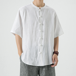 纯亚麻夏季风男装唐装短袖衬衫大码中式衬衣A118-C805P85