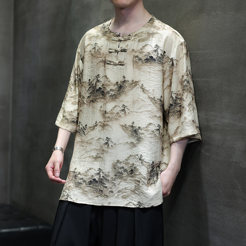 夏季风男装冰丝短袖T恤新中式印花改良汉服A118-T501P60控78,男装T恤,电商A118