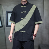 夏季风短袖棉麻亚麻唐装汉服大码拼接衬衫男118-C032P70控99，男装衬衫，电商A118