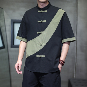 夏季风短袖棉麻亚麻唐装汉服大码拼接衬衫男118-C032P70控99图片