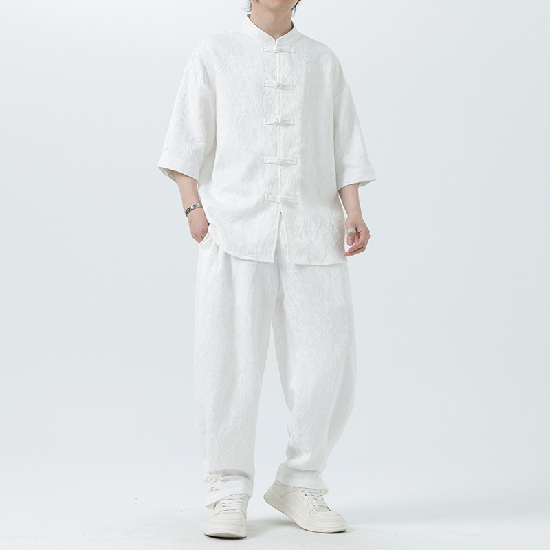 2025夏季风套装唐装宽松短袖中式衬衣男A118-TZ030P110控158,男装休闲套装,电商A118