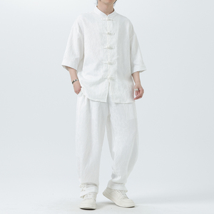 2025夏季风套装唐装宽松短袖中式衬衣男A118-TZ030P110控158图片