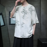 夏季风男装唐装棉麻亚麻大码短袖中式复古印花T恤A118-C23P65，男装T恤，电商A118