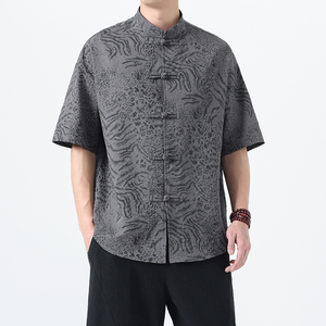 2025夏季风短袖衬衫唐装汉服印花大码T恤男A118-C033P70控99,男 短袖衬衫搭配T恤 搭配图片