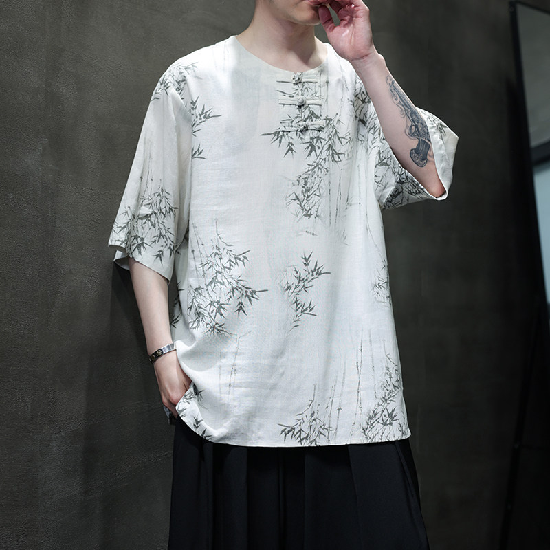 夏季风男装棉麻短袖新中式亚麻汉服印花T恤A118-C23P65控88,男装T恤,电商A118