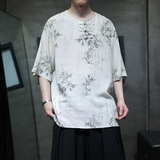 夏季风男装唐装棉麻亚麻大码短袖中式复古印花T恤A118-C23P65，男装T恤，电商A118