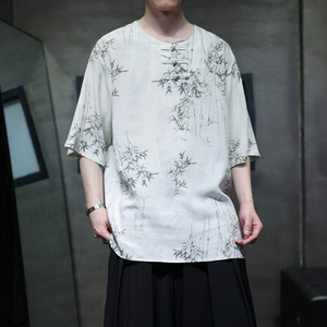 夏季风男装唐装棉麻亚麻大码短袖中式复古印花T恤A118-C23P65图片