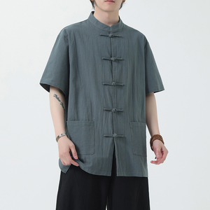 夏季风男装青年新中式棉麻短袖唐装汉服衬衫A118-C815P40控68图片