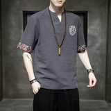 风夏季唐装短袖T恤棉麻亚麻大码宽松汉服刺绣男A118-A02-P45，男装T恤，电商A118