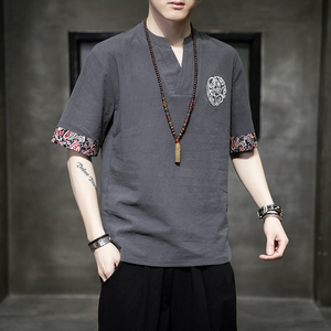 风夏季唐装短袖T恤棉麻亚麻大码宽松汉服刺绣男A118-A02-P45图片