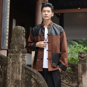 2025春季风男装中式唐装印花PU皮拼接夹克外套A118-A8831P120图片