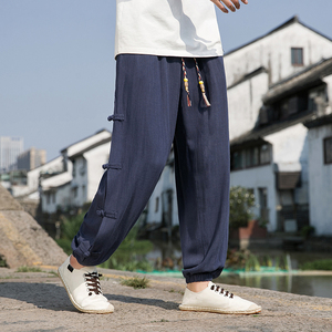 春夏风亚麻休闲裤青年宽松盘扣新中式束脚长裤男A118-K300P75图片