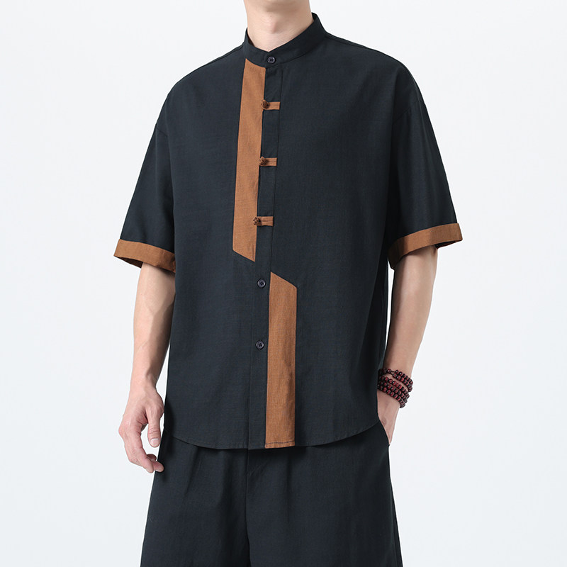 2025夏季风唐装汉服短袖复古大码青年衬衫男A118-C031P70控99,男装T恤,电商A118