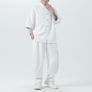 2025夏季风套装唐装宽松短袖中式衬衣男A118-TZ030P110控158图片