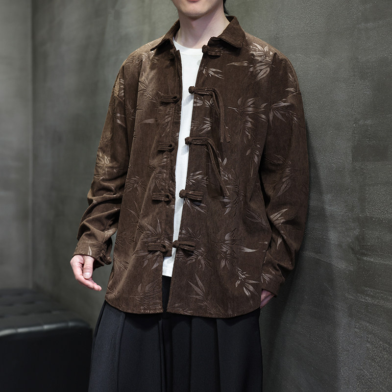 秋冬风衬衫灯芯绒压印新中式唐装汉服复古外套男A118-C828P70，男装衬衫，电商A118