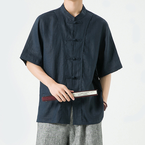 纯亚麻夏季风大码男装唐装短袖复古衬衫A118-C812-P110图片