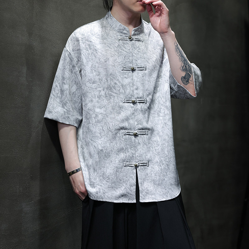 夏季风大码唐装重磅冰丝短袖衬衫中式复古汉服男A118-C21P65,男装T恤,电商A118