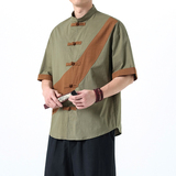 夏季风唐装中式棉麻短袖复古大码拼接衬衫A118-C032P70控99，男装T恤，电商A118