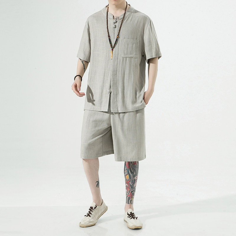 2025夏季亚麻短袖套装风棉麻大码男装A118-TZ201-P110-控168,男装休闲套装,电商A118
