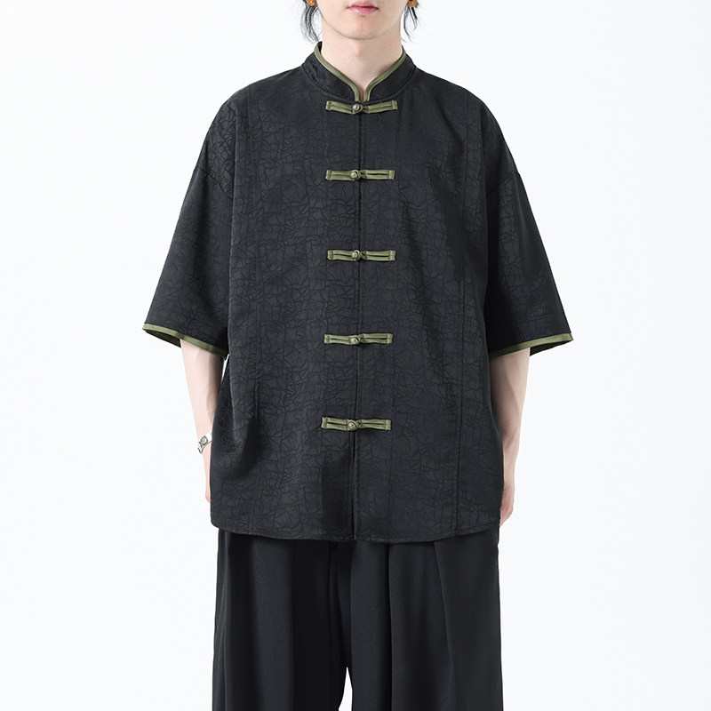 夏季风男装短袖衬衫新中式唐装冰丝提花汉服A118-C27P65控88，男装T恤，电商A118