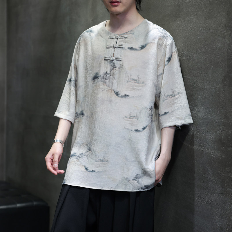2025夏季风冰丝短袖唐装复古中式半袖汉服男A118-T501P60控78,男装T恤,电商A118
