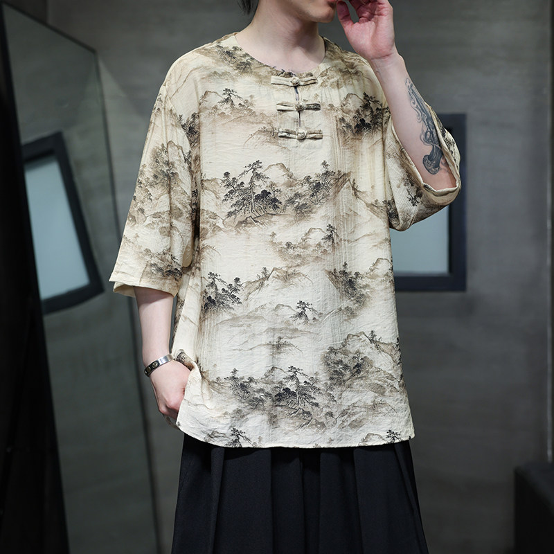 夏季风男装冰丝短袖T恤新中式印花改良汉服A118-T501P60控78,男装T恤,电商A118
