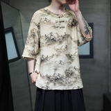夏季风男装冰丝短袖T恤新中式印花改良汉服A118-T501P60控78，男装T恤，电商A118