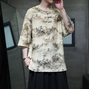 夏季风男装冰丝短袖T恤新中式印花改良汉服A118-T501P60控78图片
