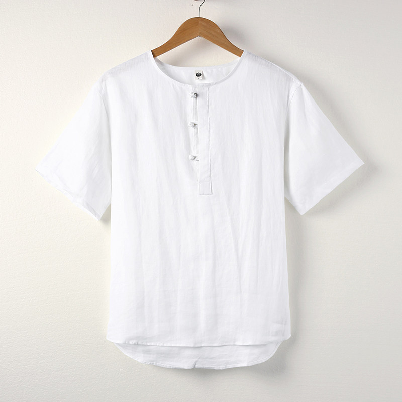 纯亚麻夏季风短袖T恤复古新中式盘扣唐装男A118-T910P85，男装T恤，电商A118