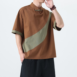 夏季风棉麻短袖唐装亚麻拼接大码复古T恤男A118-T006P65控99，男装T恤，电商A118