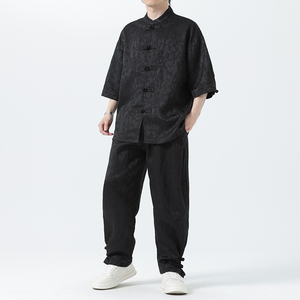 夏季风套装大码唐装新中式衬衣两件套男A118-TZ030P110控158图片