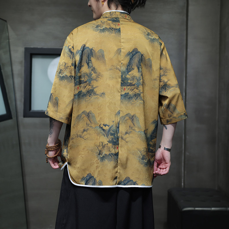 2025夏季风冰丝唐装盘扣中式印花半袖衬衣男A118-C05P65控88,男装T恤,电商A118