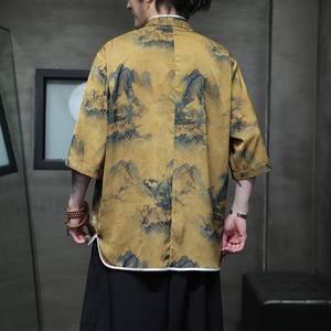 2025夏季风冰丝唐装盘扣中式印花半袖衬衣男A118-C05P65控88图片