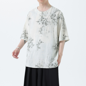 夏季风男装新中式棉麻短袖亚麻T恤印花汉服男A118-C23P65控88图片