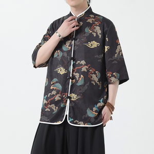 夏季风男装冰丝短袖唐装印花中式汉服T恤衬衫A118-C01P65控88图片