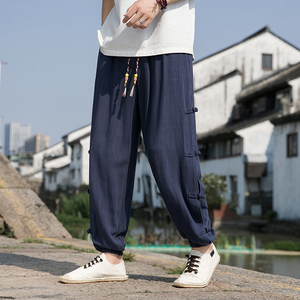 春夏风亚麻休闲裤复古盘扣新中式棉麻大码长裤男A118-K300P75图片
