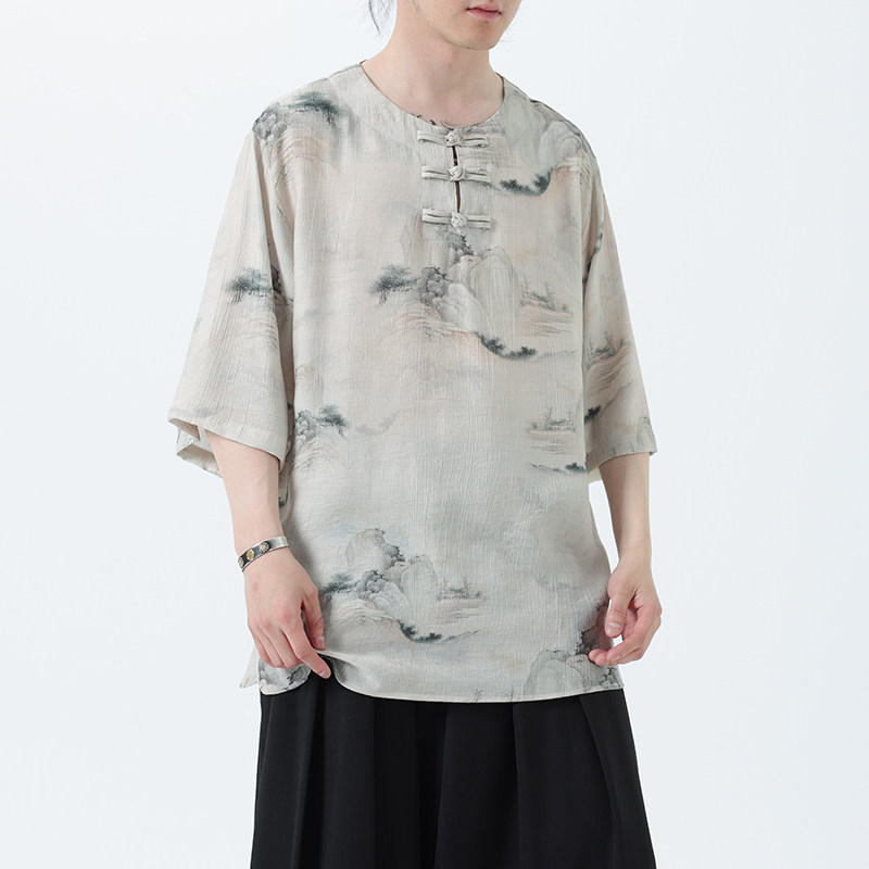 夏季风冰丝短袖新中式汉服印花半袖T恤男A118-T501P60控78,男装T恤,电商A118