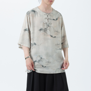 夏季风冰丝短袖新中式汉服印花半袖T恤男A118-T501P60控78图片